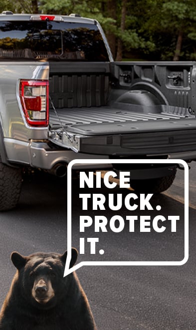 Bear with a word bubble that reads "Nice Truck. Protect it."